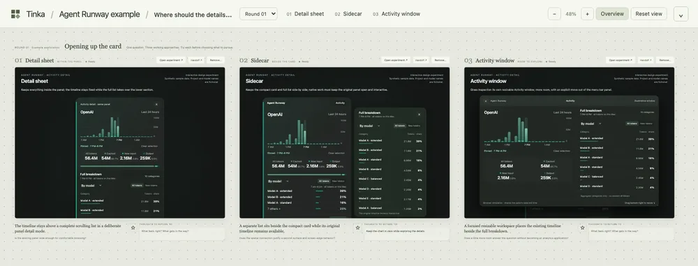 A Tinka board comparing three Agent Runway detail prototypes, with fictional data and a saved example note.